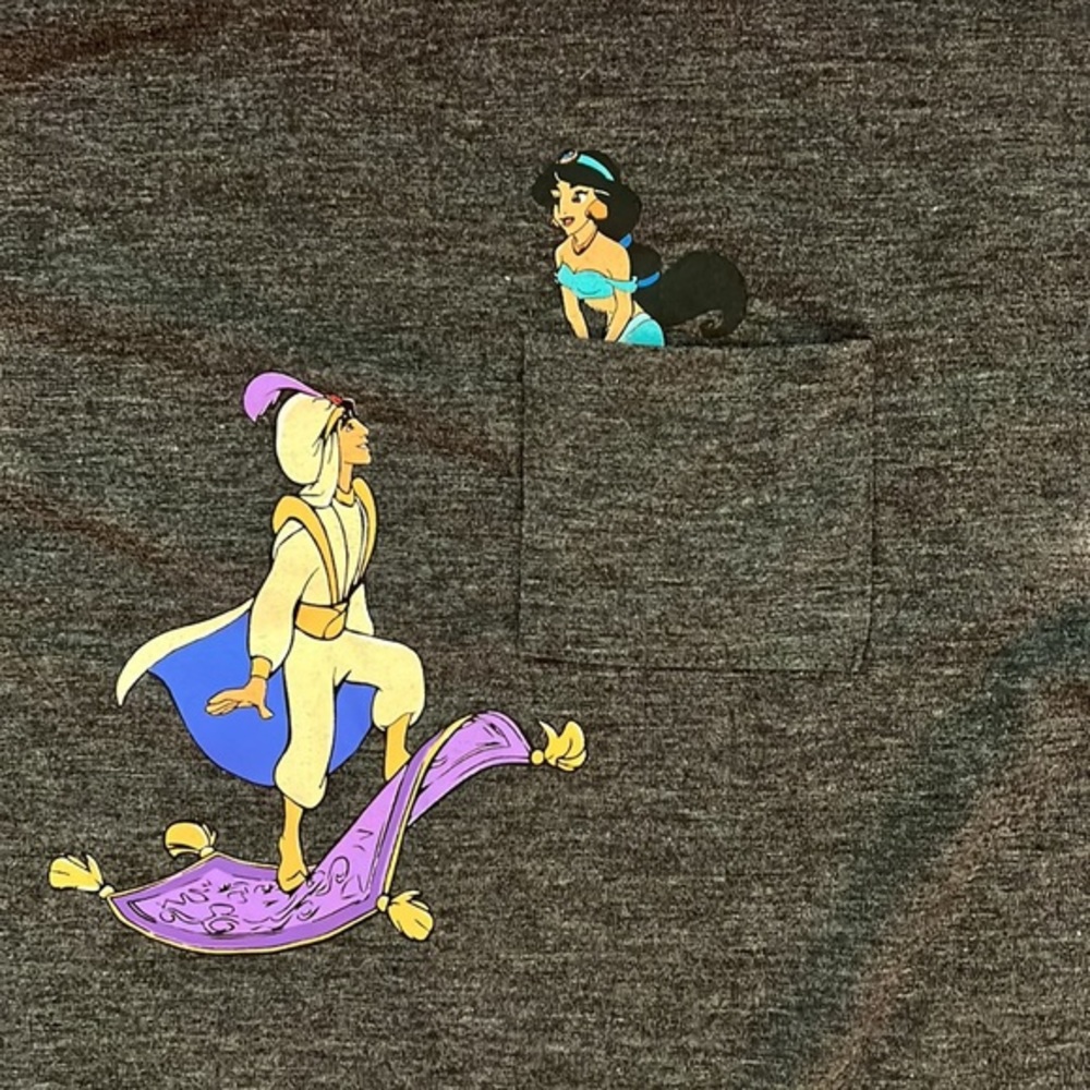 DISNEY PRINCESS SHORT SLEEVE SHIRT. ALADDIN AND JASMINE. SIZE LARGE. DARK GREY